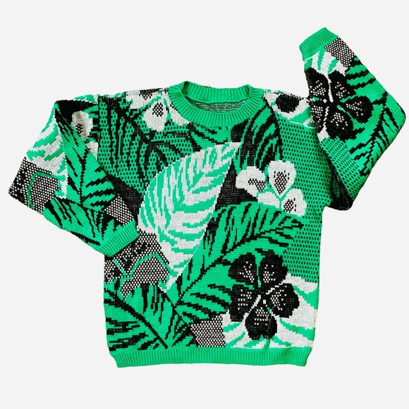 Vintage Sweaters - Vintage Plant Lover 80s Emerald Green and Metallic Hibiscus Foliage Sweater